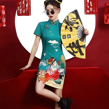 Лято Нов тънък къс ръкав Midi рокля жени Qipao дрехи традиционен китайски стил ретро подобрени Cheongsam плюс размер 4XL
