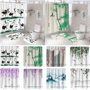 Мастило живопис естествен пейзаж баня декор листа птица душ завеса вода растение пейзаж водоустойчив баня завеса китайски