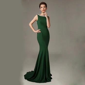 Моден шик Хънтър Зелен Дълги апликации Beaded Peals Sash Sheer Back Ruched шифон Официални рокли по поръчка шаферски рокли