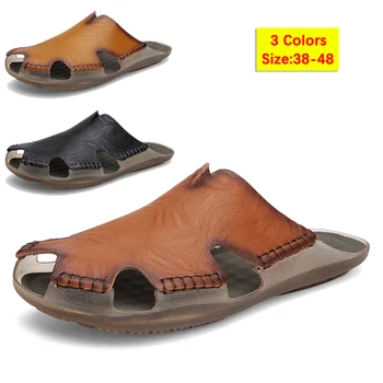 Мъжки ежедневни сандали за приплъзване Лятна мода Плажни сандали от кравешка кожа голям размер 48 Външни меки чехли