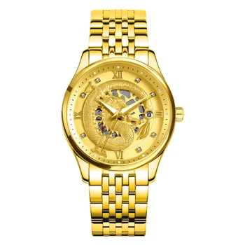 Нов луксозен мъжки механичен часовник покритие диамантено стъкло мъжки автоматичен часовник дракон модел набиране злато