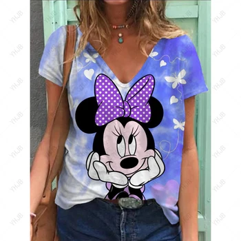Нова дамска тениска Disney Minnie Mickey Mouse Print Tops Summer V Neck Дамско облекло Женски ежедневни тройници Извънгабаритни Harajuku Top