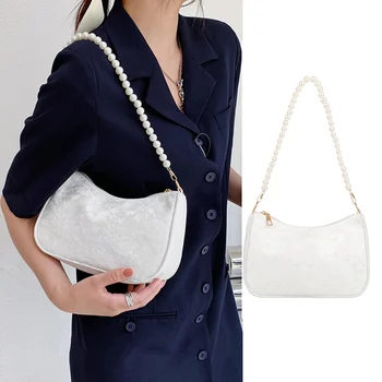 Нова тенденция реколта жени рамо чанта дантела жакард плътен цвят подмишниците чанта перла верига чанта женски мода пътуване голяма пазарска чанта