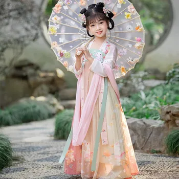 Нови деца древен розов заек бродерия ханфу момичета ориенталски китайски костюм реколта фея принцеса изпълнение рокли