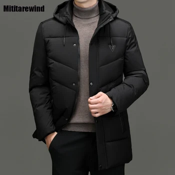 Нови зимни подплатени якета за мъже Бизнес ежедневни средно-дълги парки Удебелено черно яке с качулка топло модно мъжко палто просто