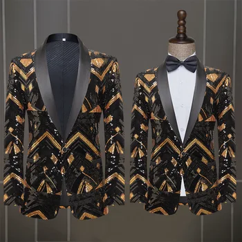 Ново мъжко палто черно злато пайети блейзър изпълнение рокля домакин нощен клуб сватба (само яке)