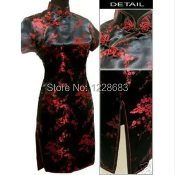 Отстъпка Елегантен черен червен китайски дамски сатен Cheongsam Qipao мини вечерна рокля плюс размер S, M, L, XL, XXL, XXXL, 4XL, 5XL, 6XL