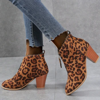 Плюс размер на жените леопард печат буци петата глезена ботуши есенни обувки за жени стадо цип дами къси ботуши платформа обувки