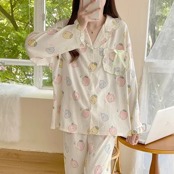 Плюс размер пижама Mujer череша печат спално облекло комплект дълъг ръкав топ панталони къдрици домашно облекло кожата приятелски дишаща