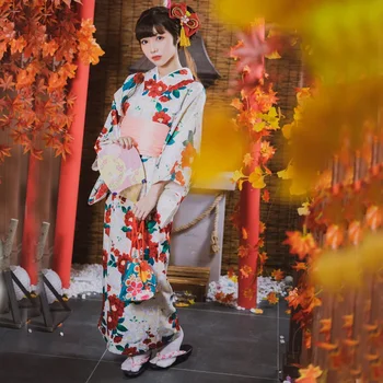 Подобрено японско традиционно кимоно жени 2022 Пролет Нов печат на камелия ханфу с розов колан 9PCS Гейша Косплей Оби Юката