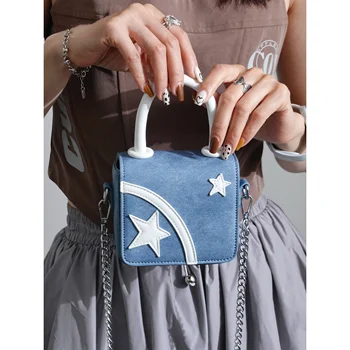Ретро звезда апликации Жените площад мини чанта клапа деним верига рамо чанти универсален женски пазаруване Crossbody пакет