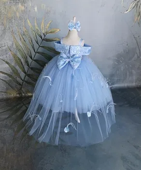Синьо тюл цвете момиче рокля от рамото принцеса рожден ден парти рокля конкурс одежда сватба младши шаферка