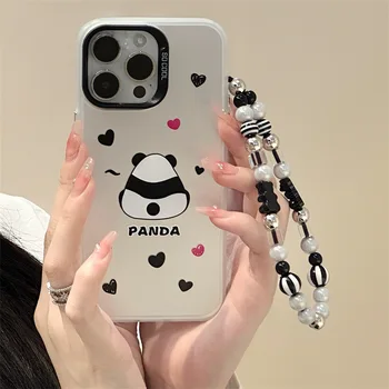 Сладък карикатура панда любов сърце графити матирано лазерен телефон случай за iPhone 14 13 12 11 15 Pro Max 8 7 плюс XS X мечка верига капак