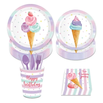 Сладък сладолед конус за еднократна употреба прибори за хранене комплекти чинии чаши хартиени салфетки бебе душ рожден ден маса за хранене декор благоприятства