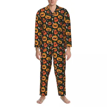 Сладък тиква пижама комплекти призрачен Хелоуин Kawaii спално облекло мъже дълги ръкави реколта дома 2 парчета нощно облекло плюс размер