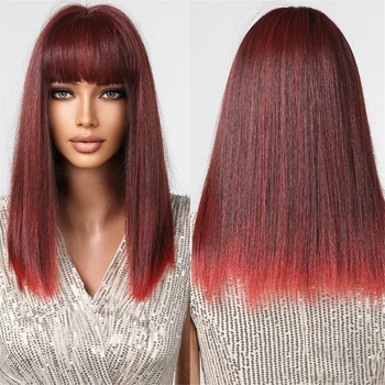 Средна дължина Ombre червена синтетична перука за черни жени Червена права перука с бретон естествено изглеждащи фалшива коса топлоустойчиви влакна