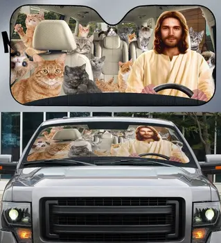 ШОФИРАНЕ НА ИСУС И КОТКА Автоматично предно стъкло Сенник Смешно Животно Персонализиран сгъваем слънцезащитен сенник Сенник за автомобил SUV