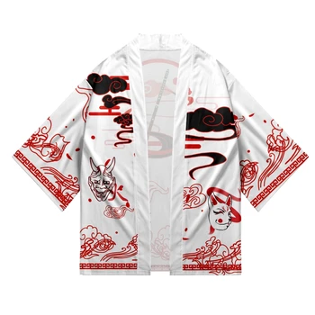 Японски стил Fox Demon Print Cosplay Kimono Streetwear Мъже Жени Жилетка Harajuku Традиционни дрехи Summer Beach Haori
