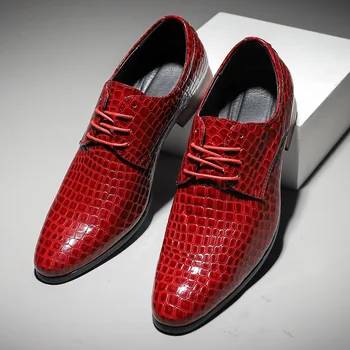 италианска марка червени мъжки крокодилски обувки класически луксозни официални обувки обувки мъже оксфордски кожени обувки мода посочи сватбени обувки