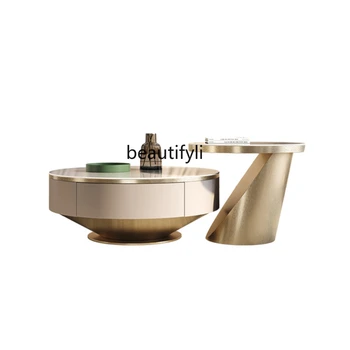 италиански стил светлина луксозен кръг неръждаема стомана масивна дървена всекидневна с чекмедже модерен минималистичен камък плоча масичка за кафе