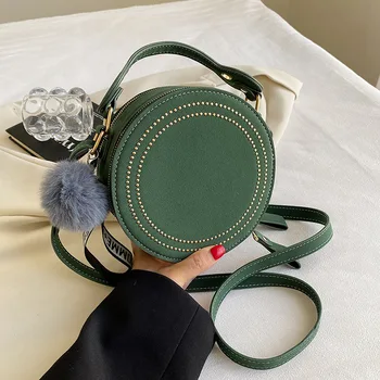 кръгла дамска марка чанта нова дамска кръгла еднораменна кръстосана част с опростен нит дизайн триизмерна матова чанта