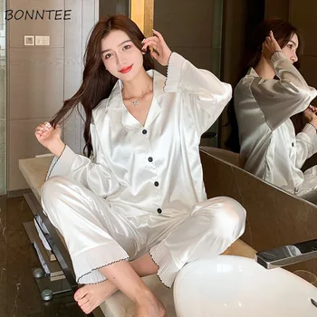 пижама комплекти жени свободно време пролет гореща продажба завой-надолу яка дълъг ръкав Preppy корейски стил Kawaii женски спално облекло модерен мек