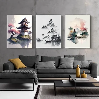 японски стил пейзаж стена изкуство платно живопис акварел естетически плакат Крафт клуб бар хартия реколта плакат стенопис