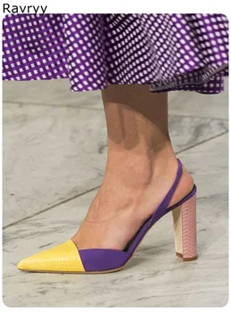 2019 смесен цвят Дамски сандали високи токчета глезена катарама жълт заострени пръсти Секси помпи дебел ток женска парти рокля единична обувка
